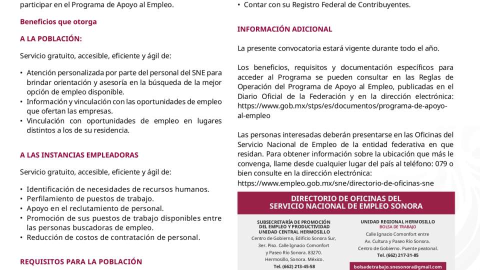 La Secretaría del Trabajo y Previsión Social y el Gobierno del Estado de Sonora convocan a participar en Programa de Apoyo al Empleo